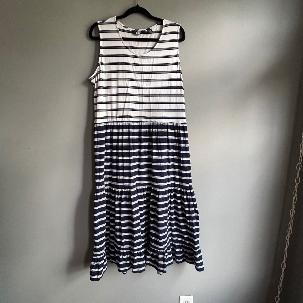 Lands End Women Striped Sleeveless Tiered Ruffle Midi Dress Navy White L/P 14-16